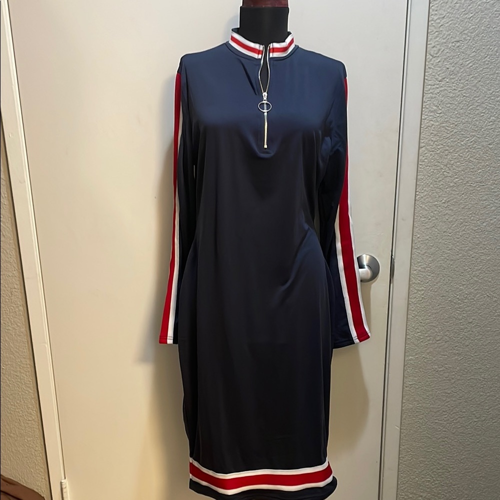 Blue Polo Dress with Long Sleeves and Mock Neck